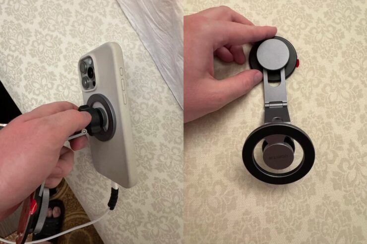 Магнитный держатель для Айфона. Держатель надежно фиксирует смартфон. Магнитный держатель для Айфона. Держатель надежно фиксирует смартфон. Фото.