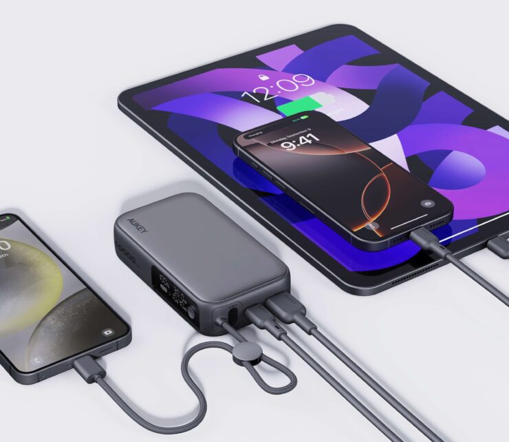 Внешний аккумулятор с беспроводной зарядкой. Заряжайте от аккумулятора несколько устройств одновременно. Фото.