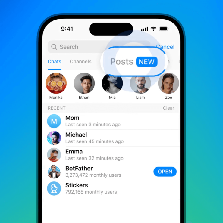 Новая вкладка для поиска постов по всем каналам. Изображение: telegram.org. Фото.