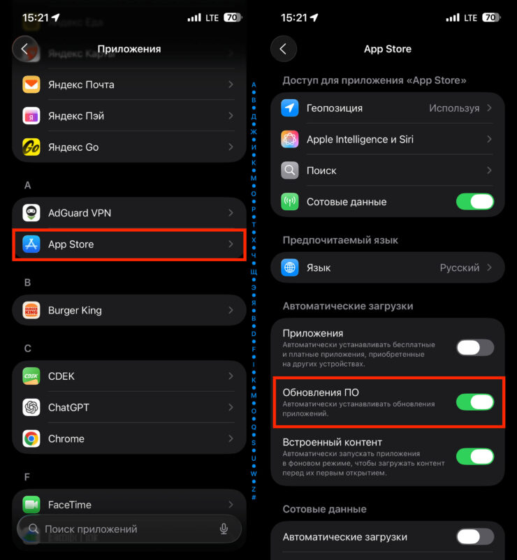 Автоматическое обновление приложений на Айфоне. При такой настройке приложения на айфоне будут обновляться автоматически. Фото.