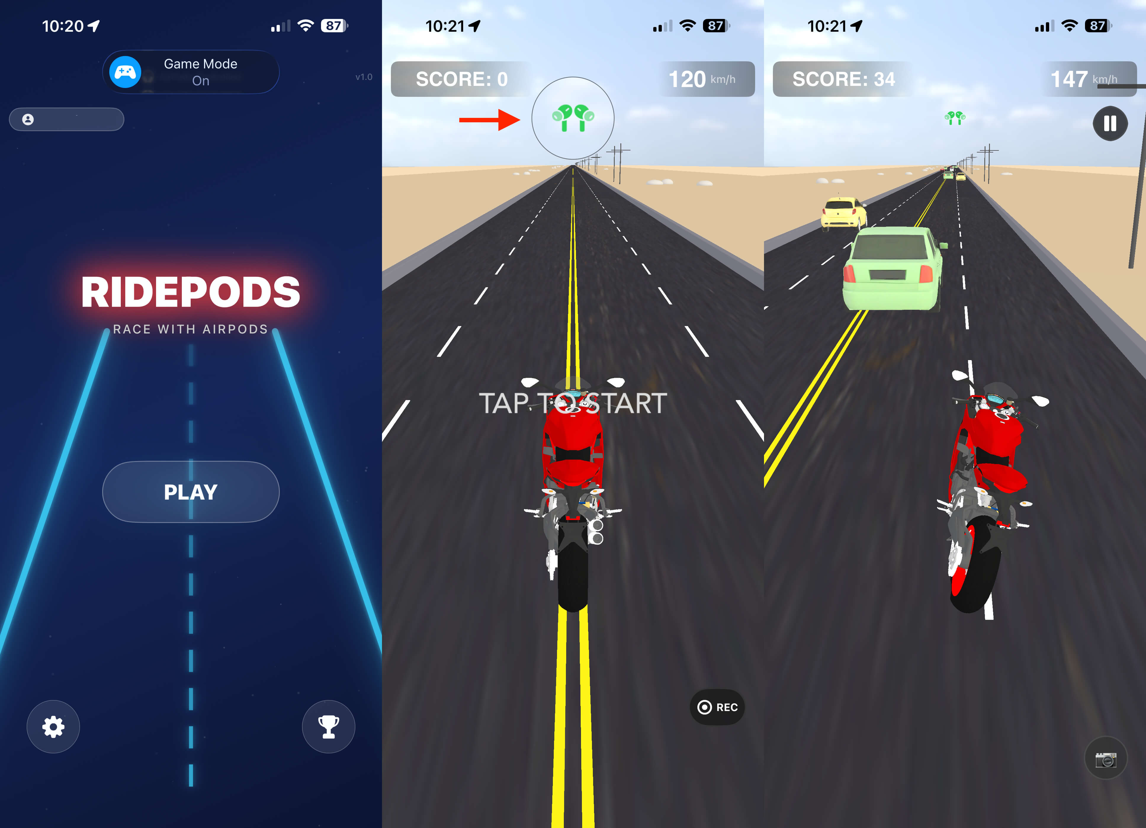Ridepods — первая игра для iPhone с управлением через наушники AirPods. Убедитесь, что наушники подключены, и начинайте гонку. Фото.