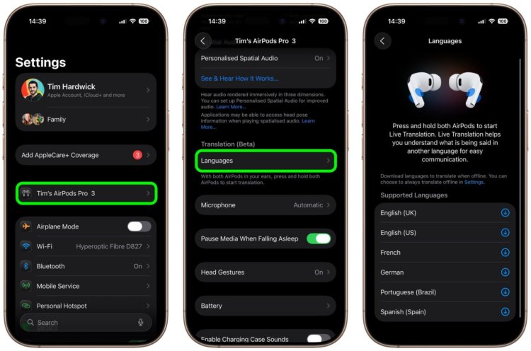 Как включить перевод разговоров в наушниках AirPods и какие модели его поддерживают. Скачайте необходимые языки в настройках. Изображение: macrumors.com. Фото.