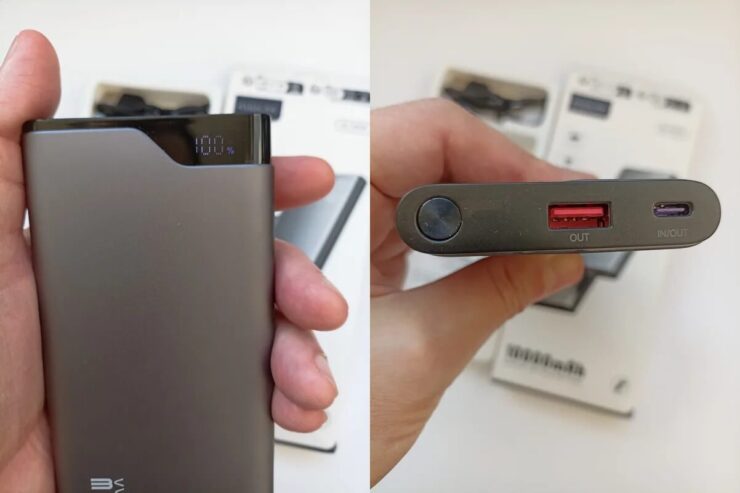 Внешний аккумулятор на 10 000 мАч. У внешнего аккумулятора есть небольшой дисплей, чтобы можно было оценить остаток заряда. Фото.