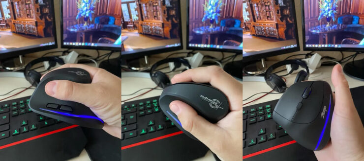 Вертикальная беспроводная мышь. Мышь снижает нагрузку на кисть за счет более анатомичного положения руки. Фото.