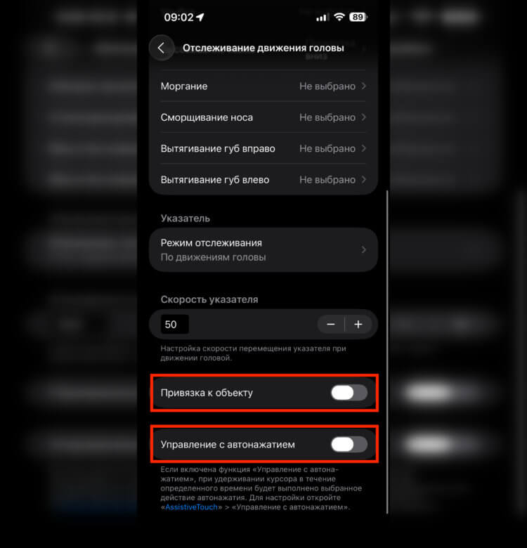 Как листать рилсы и TikTok с помощью высунутого языка и управлять iPhone поднятием бровей в iOS 26. Рекомендую выключить эти тумблеры для более корректной работы. Фото.
