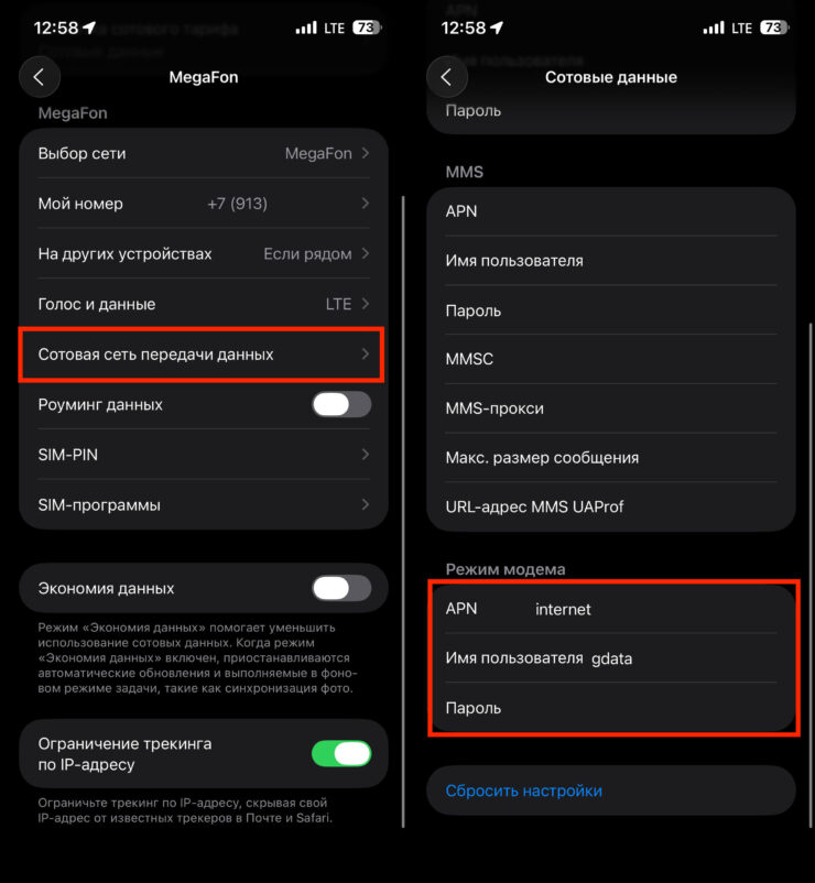 Пропишите сюда все настройки и режим модема появится на айфоне. Фото.