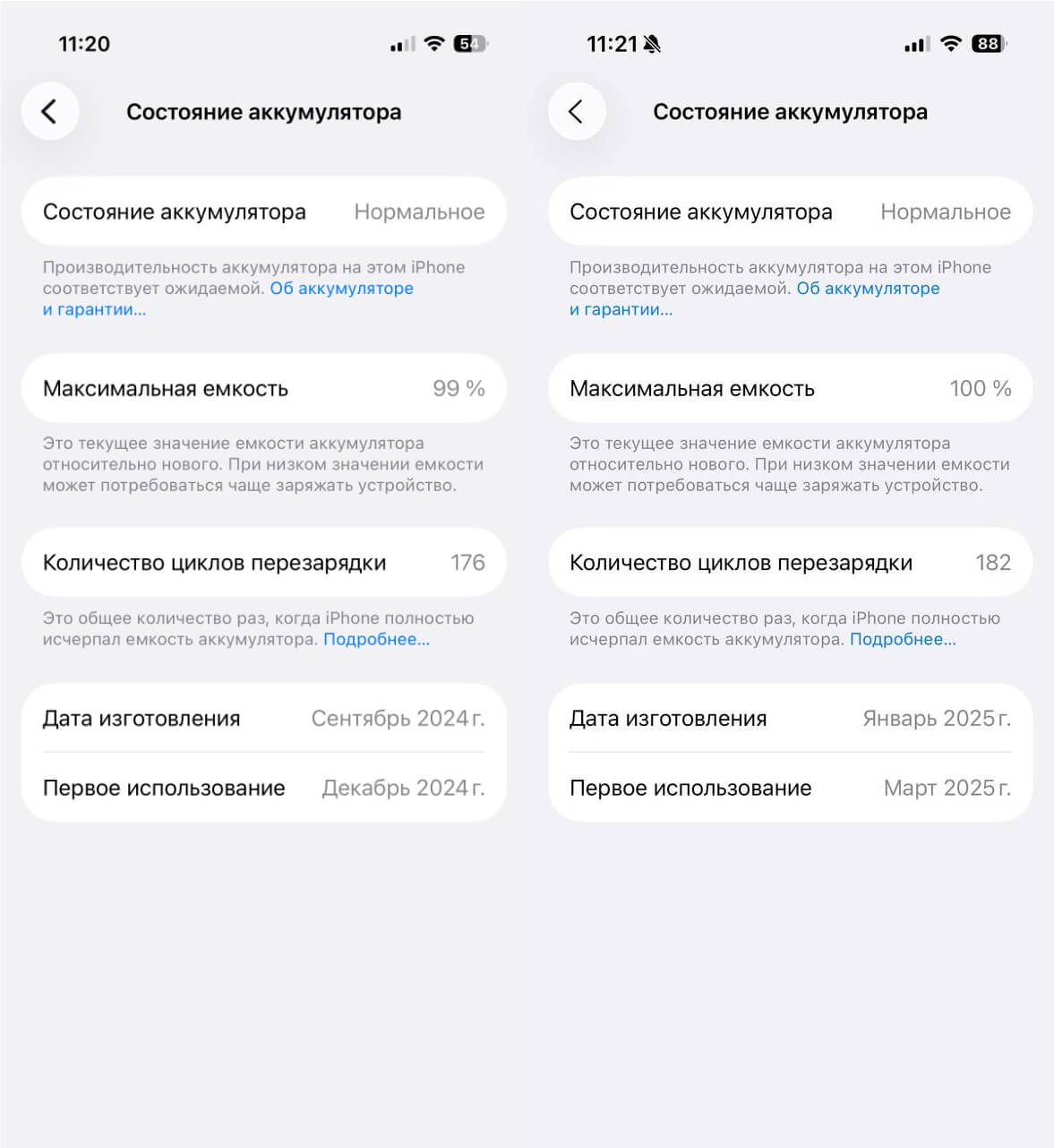 Стоит ли ограничивать заряд iPhone до 80%? Год экспериментов и неожиданный итог. Слева мой айфон, справа тот, который не щадили на зарядках. Фото.