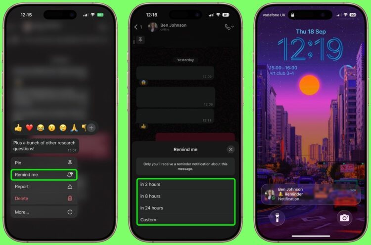 Как поставить напоминание о сообщении в WhatsApp на iPhone. Пара касаний — и напоминание готово. Изображение: macrumors.com. Как поставить напоминание о сообщении в WhatsApp на iPhone. Пара касаний — и напоминание готово. Изображение: macrumors.com. Фото.