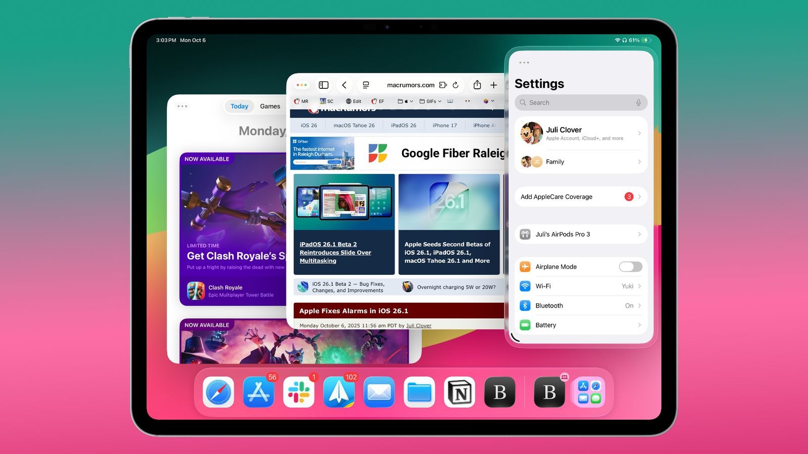 Что нового появилось во второй бета-версии iOS 26.1 и iPadOS 26.1. Slide Over вернули на iPad. Изображение: macrumors.com. Что нового появилось во второй бета-версии iOS 26.1 и iPadOS 26.1. Slide Over вернули на iPad. Изображение: macrumors.com. Фото.