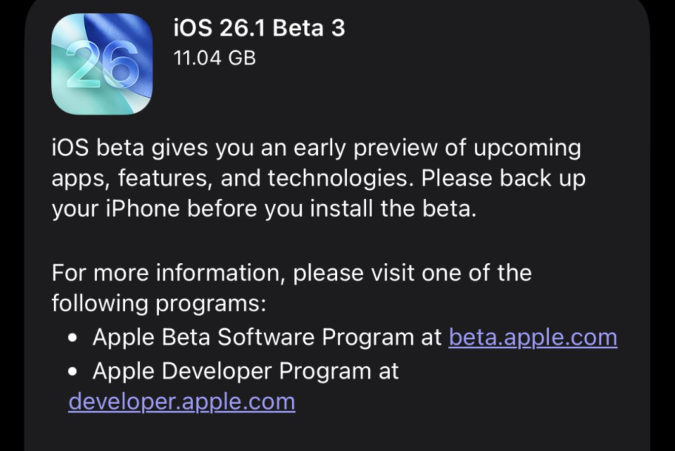 Как установить iOS 26.1 beta. iOS 26.1 beta 3 пока не особо радует нововведениями. Как установить iOS 26.1 beta. iOS 26.1 beta 3 пока не особо радует нововведениями. Фото.