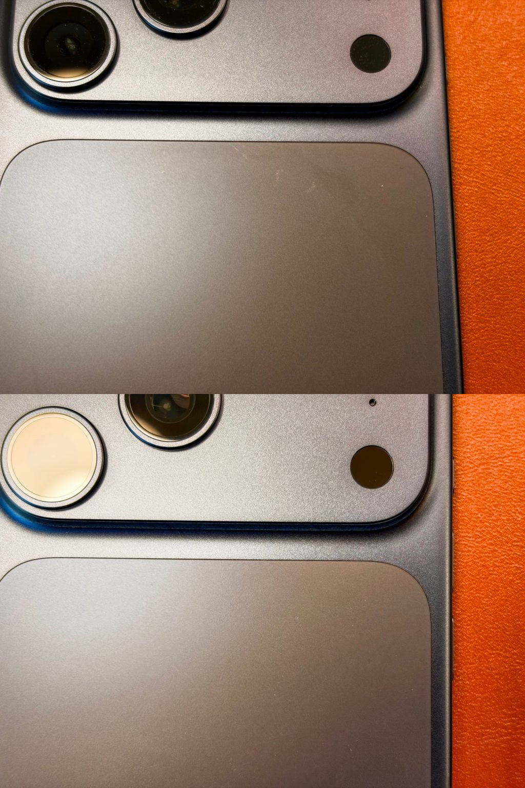 Совет от Apple: как убрать мелкие царапины с iPhone 17 Pro и iPhone 17 Pro Max. Сверху корпус до обработки, а снизу после. Изображение: 9to5mac.com. Совет от Apple: как убрать мелкие царапины с iPhone 17 Pro и iPhone 17 Pro Max. Сверху корпус до обработки, а снизу после. Изображение: 9to5mac.com. Фото.