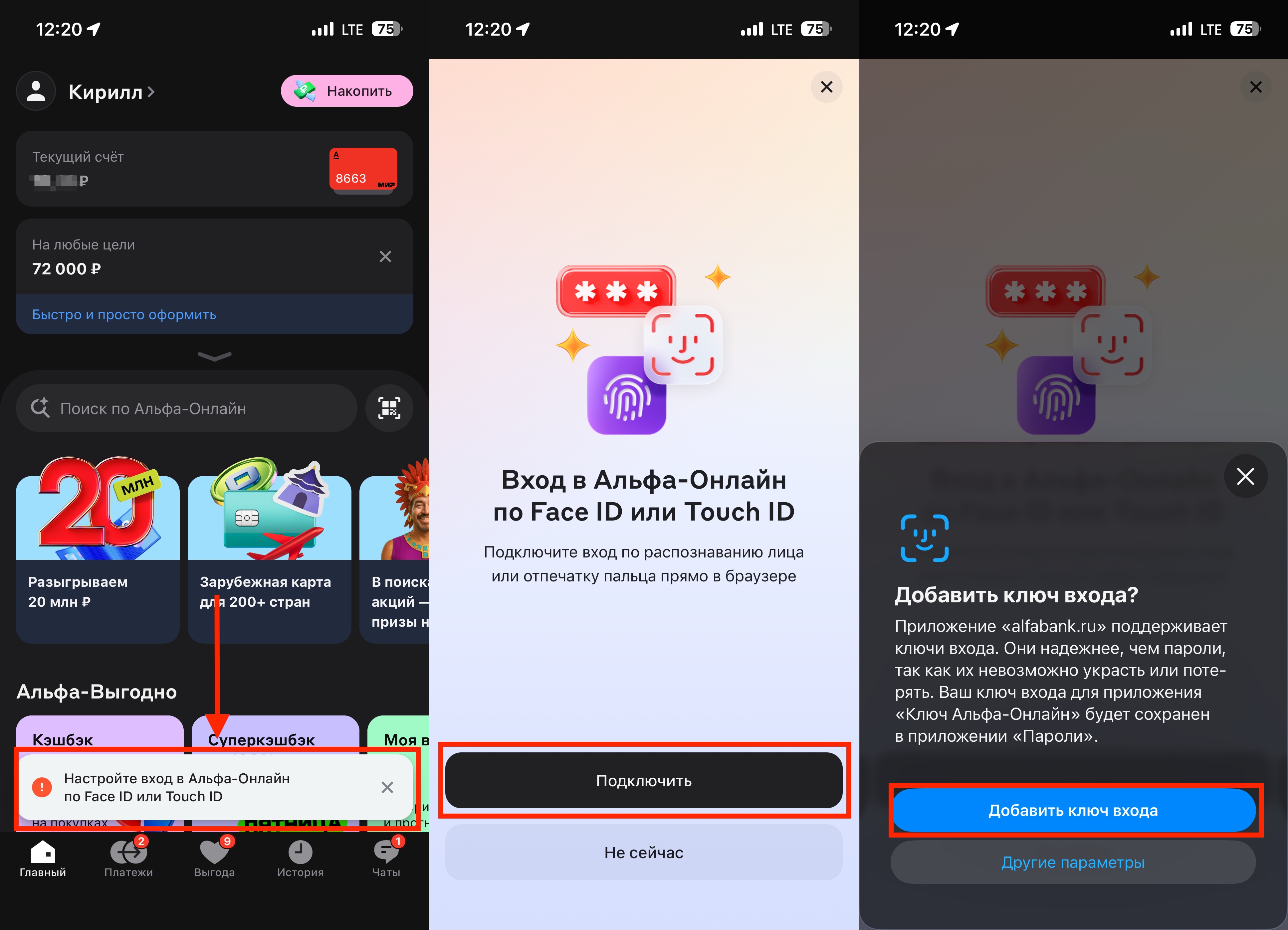 Как настроить вход в веб-версию Альфа Онлайн по лицу или отпечатку пальца. Создайте ключ доступа и будете входить с Face ID и Touch ID. Фото.