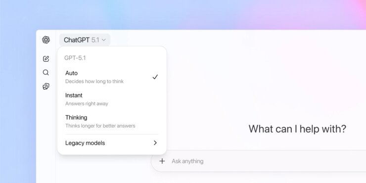 Что нового в GPT-5.1. Ничего включать не нужно, обновление активировано по умолчанию. Изображение: 9to5mac.com. Фото.