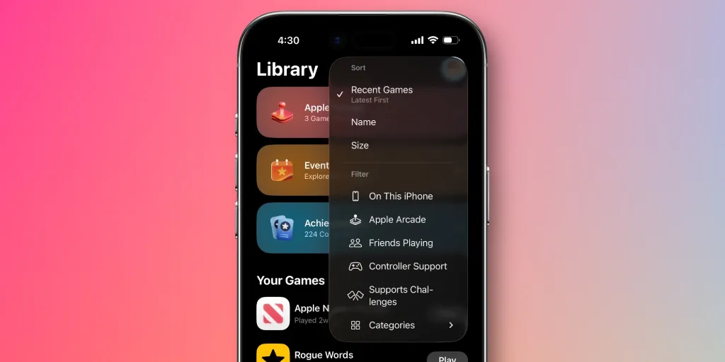 Что нового в iOS 26.2 Public beta 2. Появилась сортировка игр по размеру в Apple Games. Фото: 9to5mac. Фото.