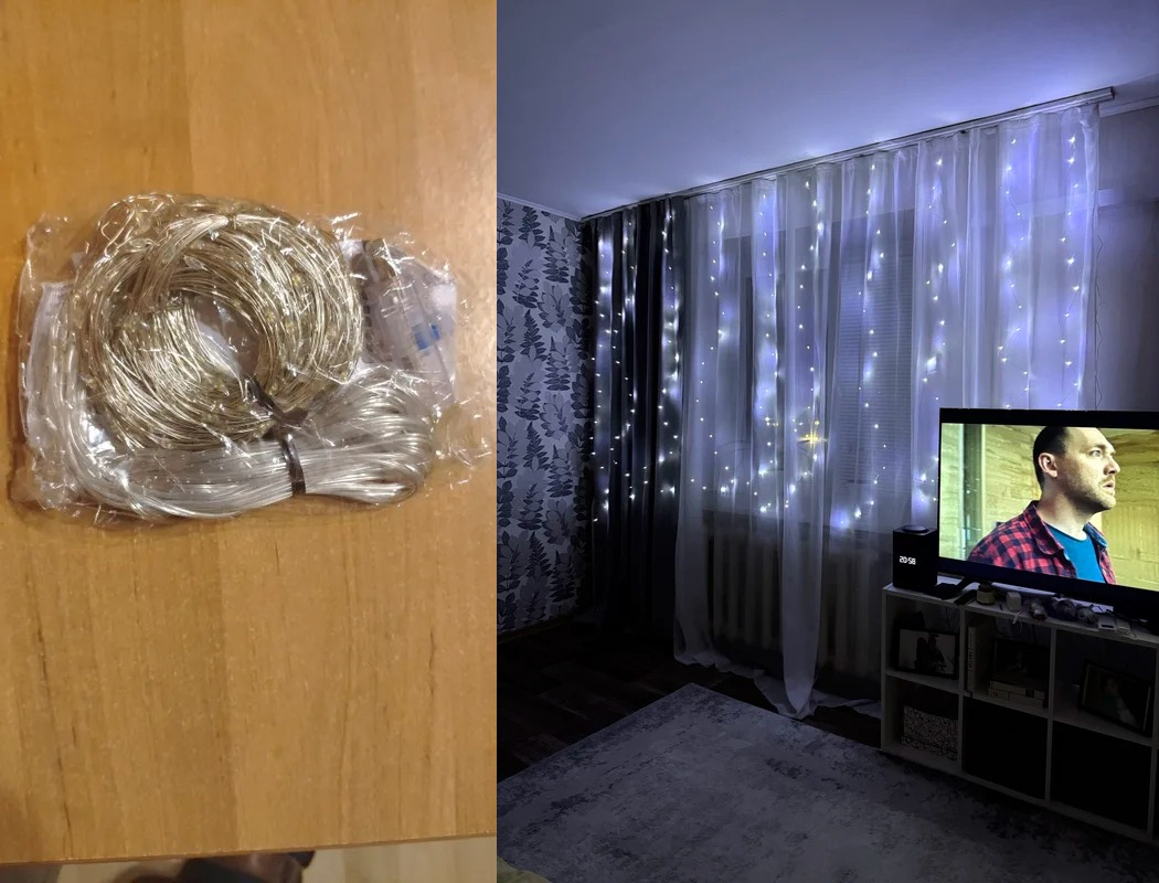 Гирлянда-занавес на окно. Занавес необязательно снимать после Нового года. Фото.