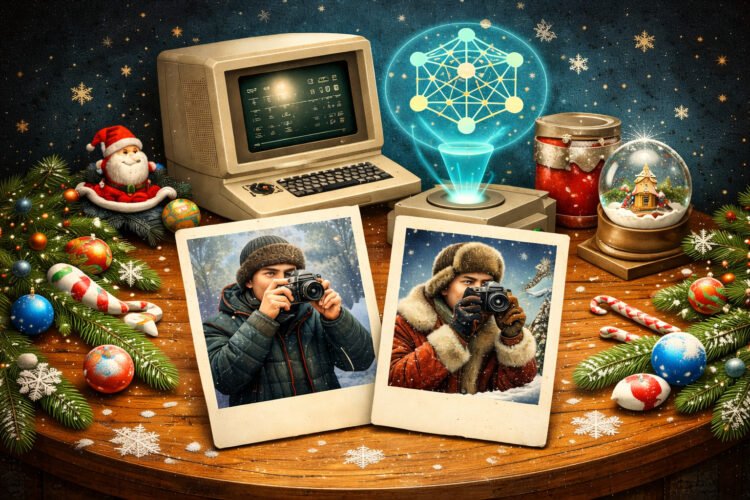 Как я сделал новогоднюю ретро-открытку из своей фотографии с помощью нейросетей. Фото.