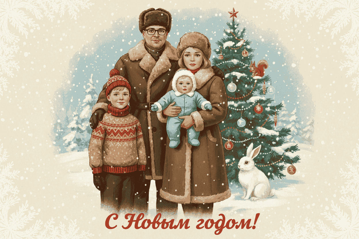 Как я сделал новогоднюю ретро-открытку из своей фотографии с помощью нейросетей. А это результат Nano Banana. Как я сделал новогоднюю ретро-открытку из своей фотографии с помощью нейросетей. А это результат Nano Banana. Фото.