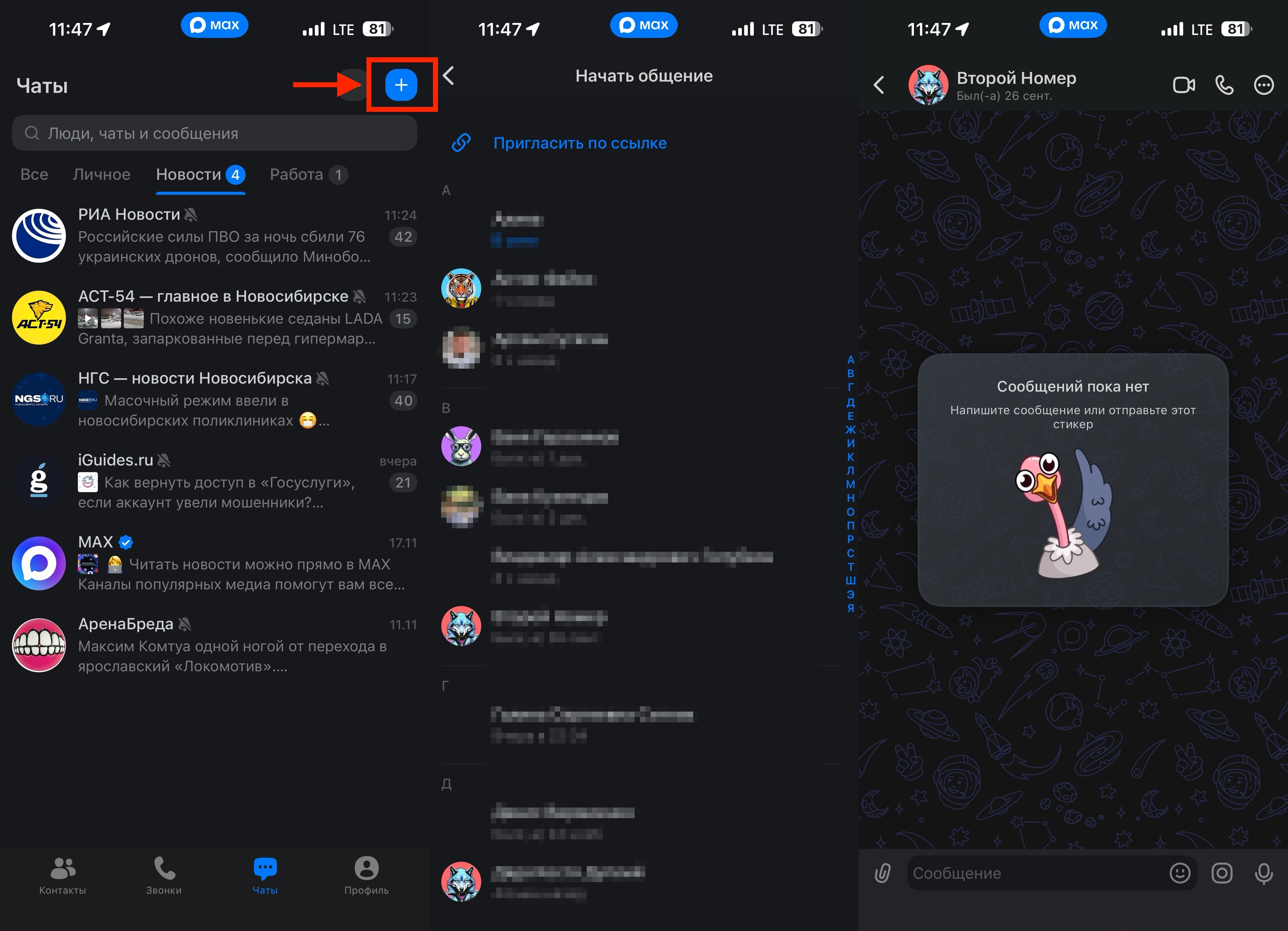 Чат в мессенджере MAX. Обычный чат создать проще простого. Фото.