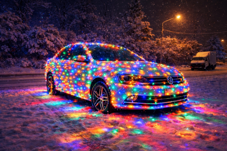 Как сделать фото с гирляндой на машине и не получить штраф от ГИБДД. Скажем по секрету: оригинальное фото было сделано летом. Фото.