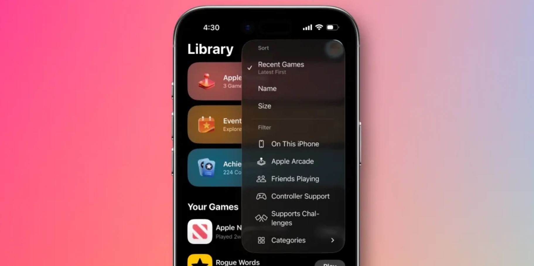 Что нового в iOS 26.2 Release Candidate. Появилась сортировка игр по размеру. Фото: macrumors.com. Фото.