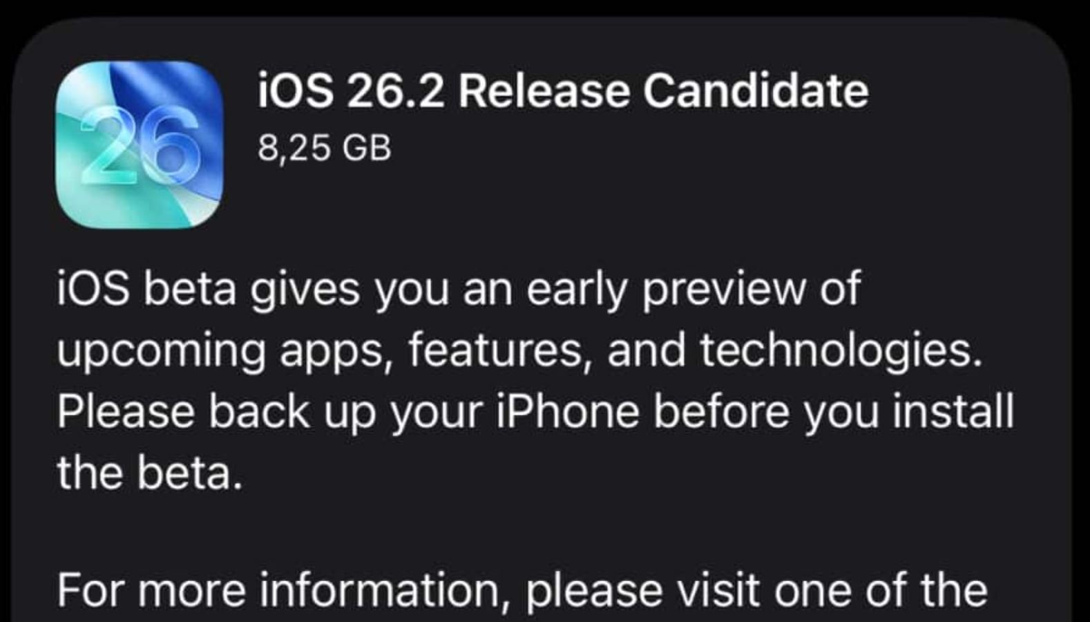 Когда выйдет iOS 26.2. iOS 26.2 RC доступна в настройках iPhone. Фото.