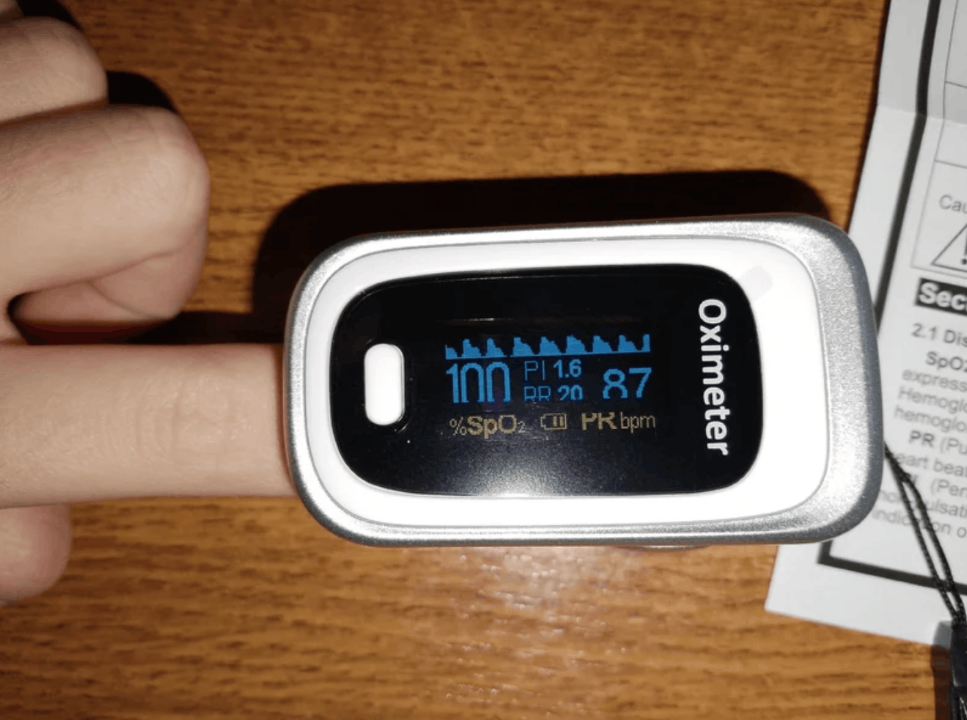 Пульсоксиметр на палец. Удобная штука, чтобы быстро замерить сатурацию. Фото.