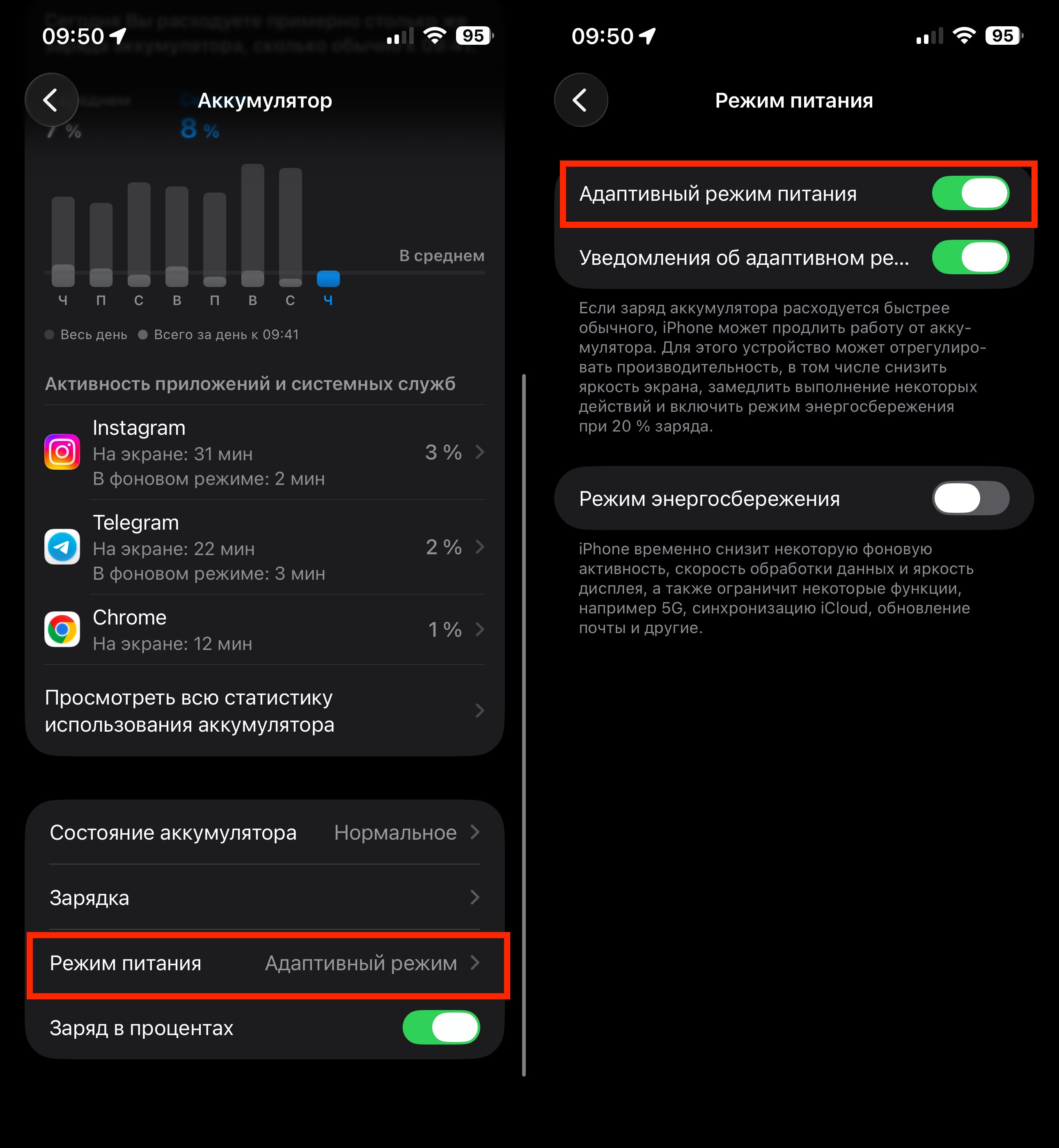 Адаптивный режим питания на айфоне. Адаптивный режим включается здесь. Фото.