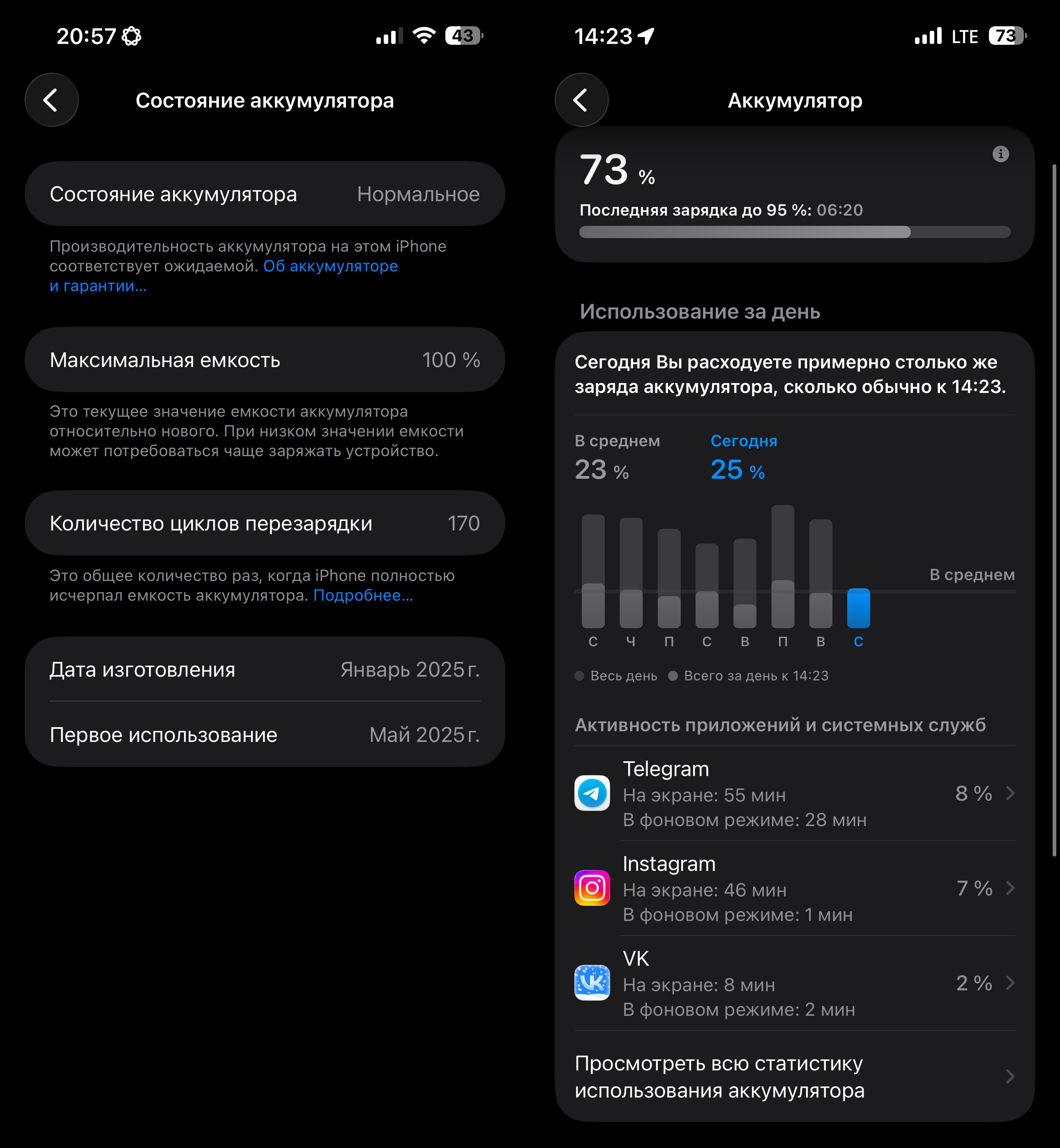 Время работы iPhone на iOS 26.2.1. Автономность осталась той же, остаточная емкость аккумулятора не изменилась. Время работы iPhone на iOS 26.2.1. Автономность осталась той же, остаточная емкость аккумулятора не изменилась. Фото.