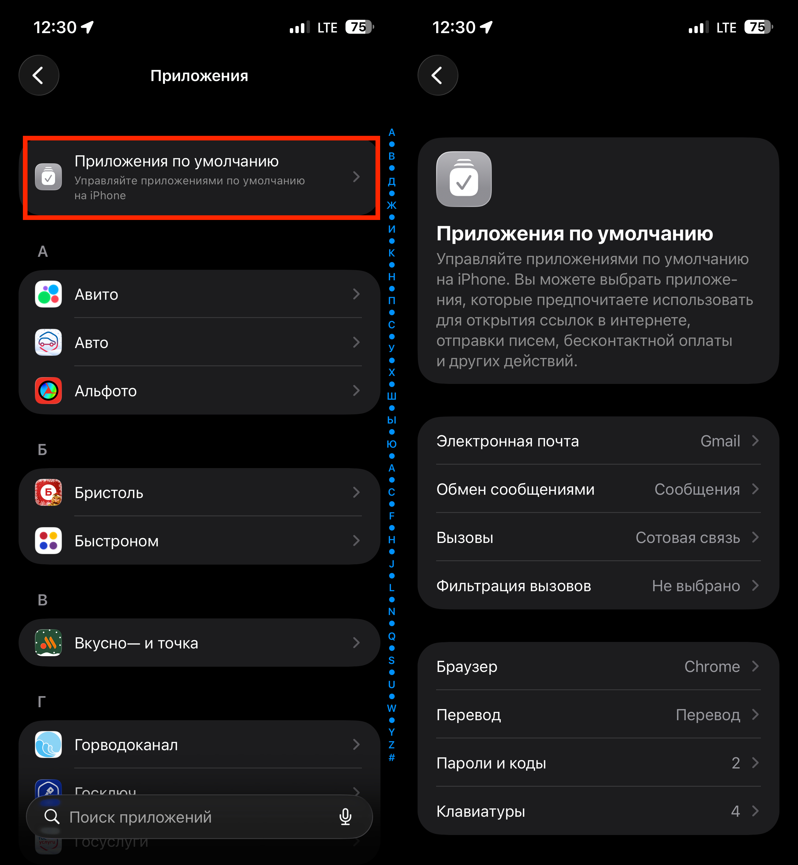 Какие приложения по умолчанию можно заменить сторонними на iPhone с iOS 26. Приложения по умолчанию собраны в один раздел. Фото.