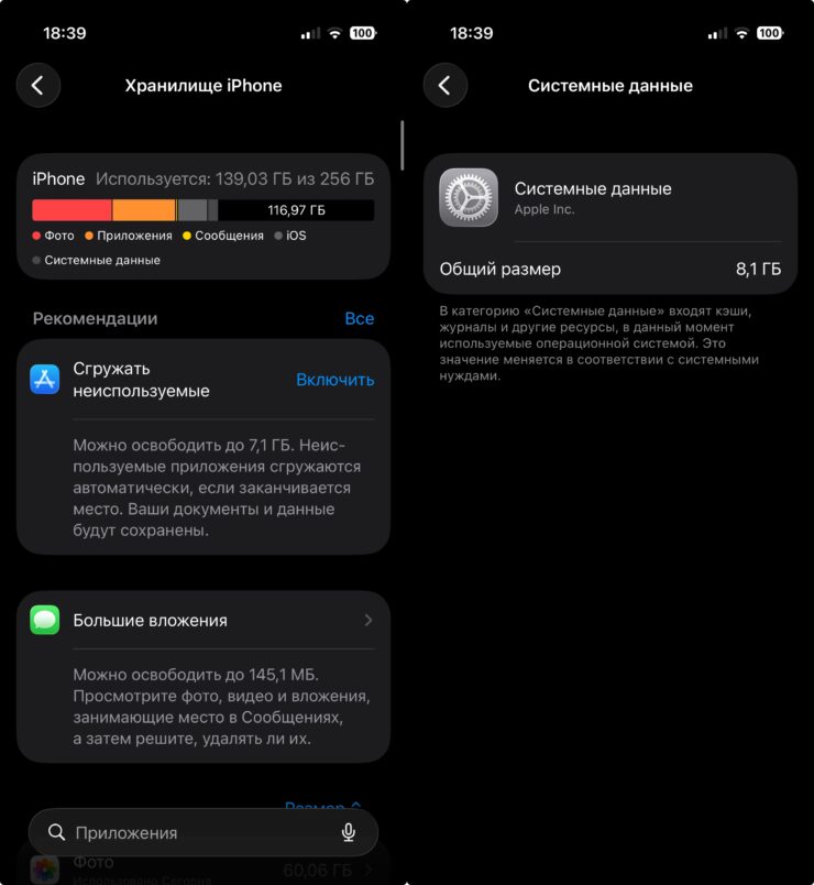 Как очистить «Другое» на iPhone. В iOS 26 этот пункт называется не «Другое», а «Системные данные». Фото.