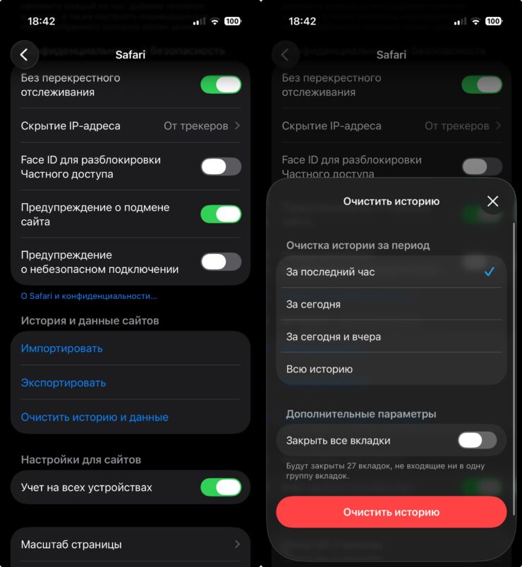 Как очистить «Другое» на iPhone. Удалить кэш можно хоть за последний час, но лучше — за все время. Фото.