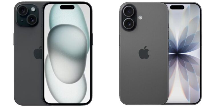 Сравнение iPhone 15 и iPhone 17. Обратите внимание на рамки экрана iPhone 15 (слева) и iPhone 17 (справа). Фото.