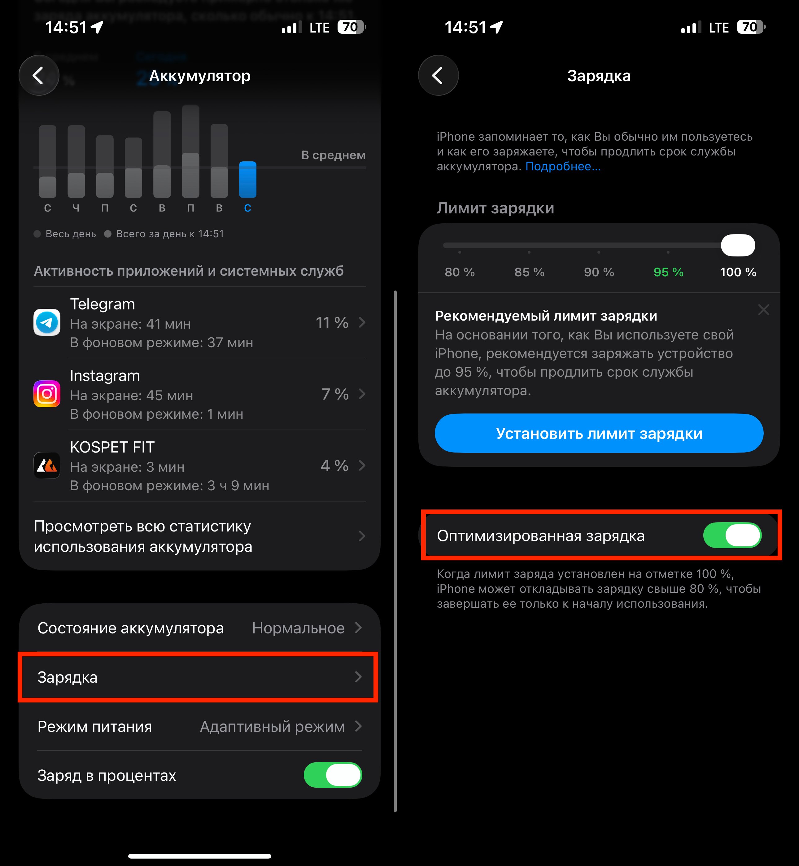Оптимизированная зарядка на айфоне. Не забывайте и про оптимизированную зарядку. Фото.