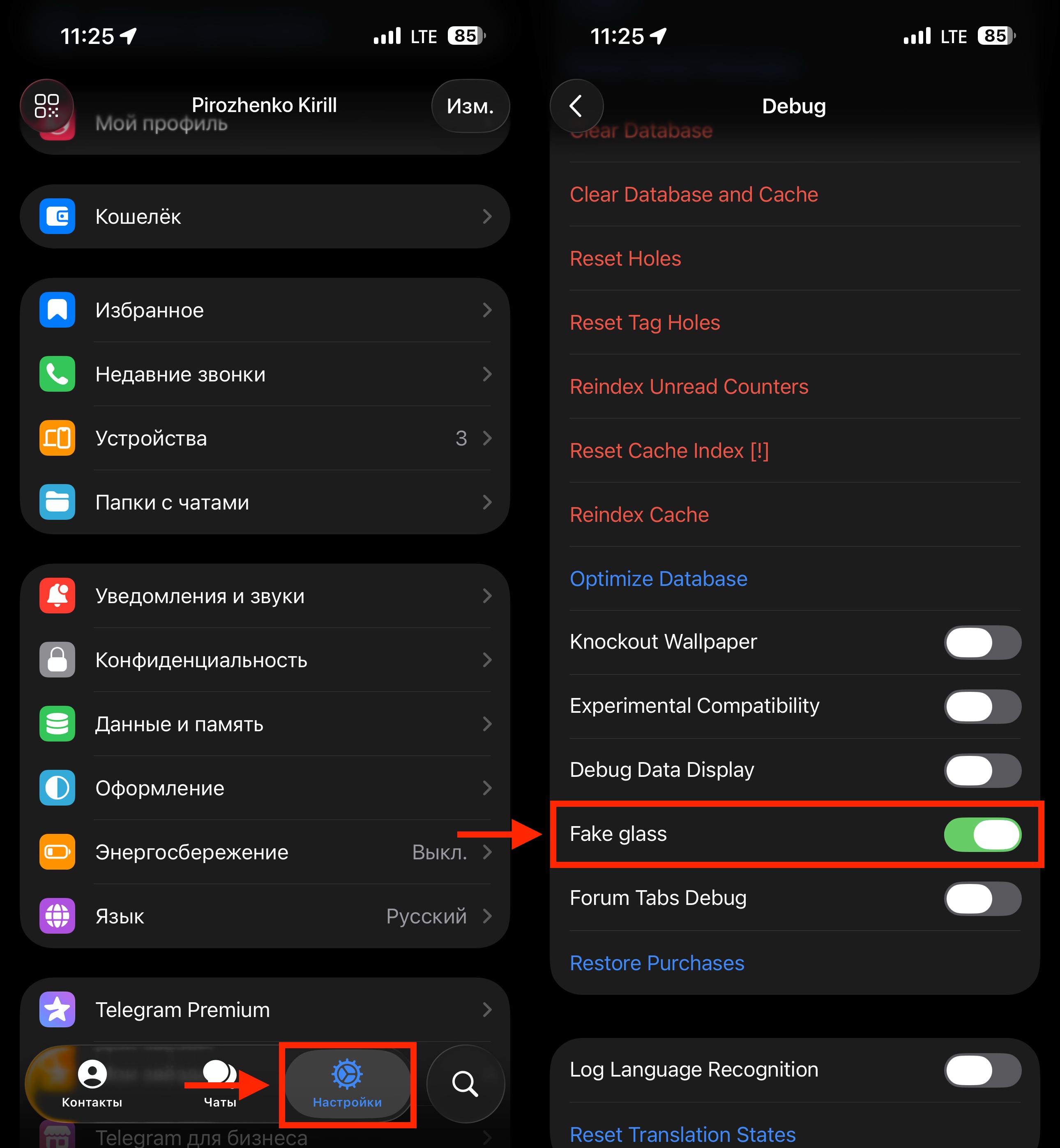 Скрытый способ отключить Liquid Glass в Telegram на iPhone. Активируйте этот тумблер. Фото.