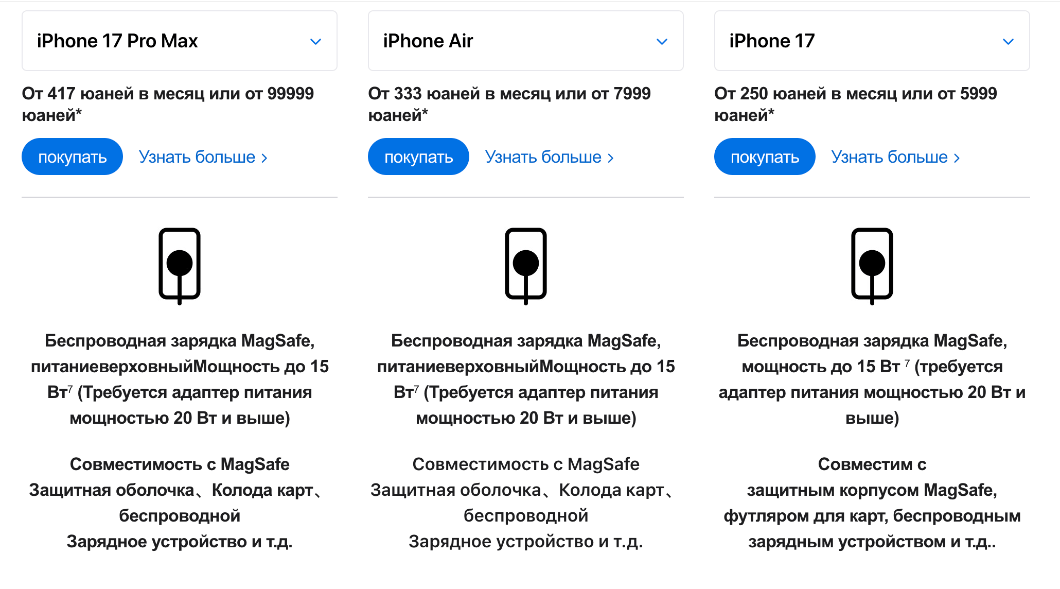 А вы знали, что в iPhone для Китая не такой MagSafe, как в остальных? Чем они отличаются и как это влияет на зарядку. Китайский сайт Apple, переведен Яндексом. Мощность указана 15 Вт. Фото.