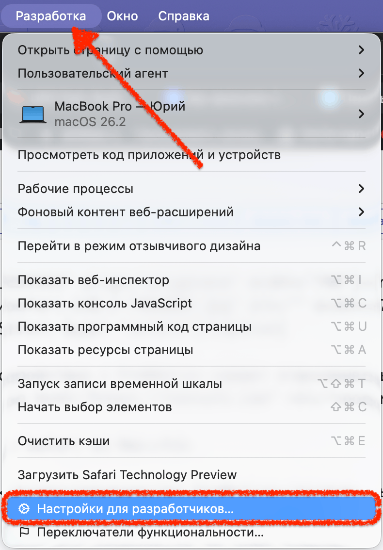Как включить 120 Гц в Safari на Mac. Тут много полезных настроек, но нам нужна только одна. Фото.