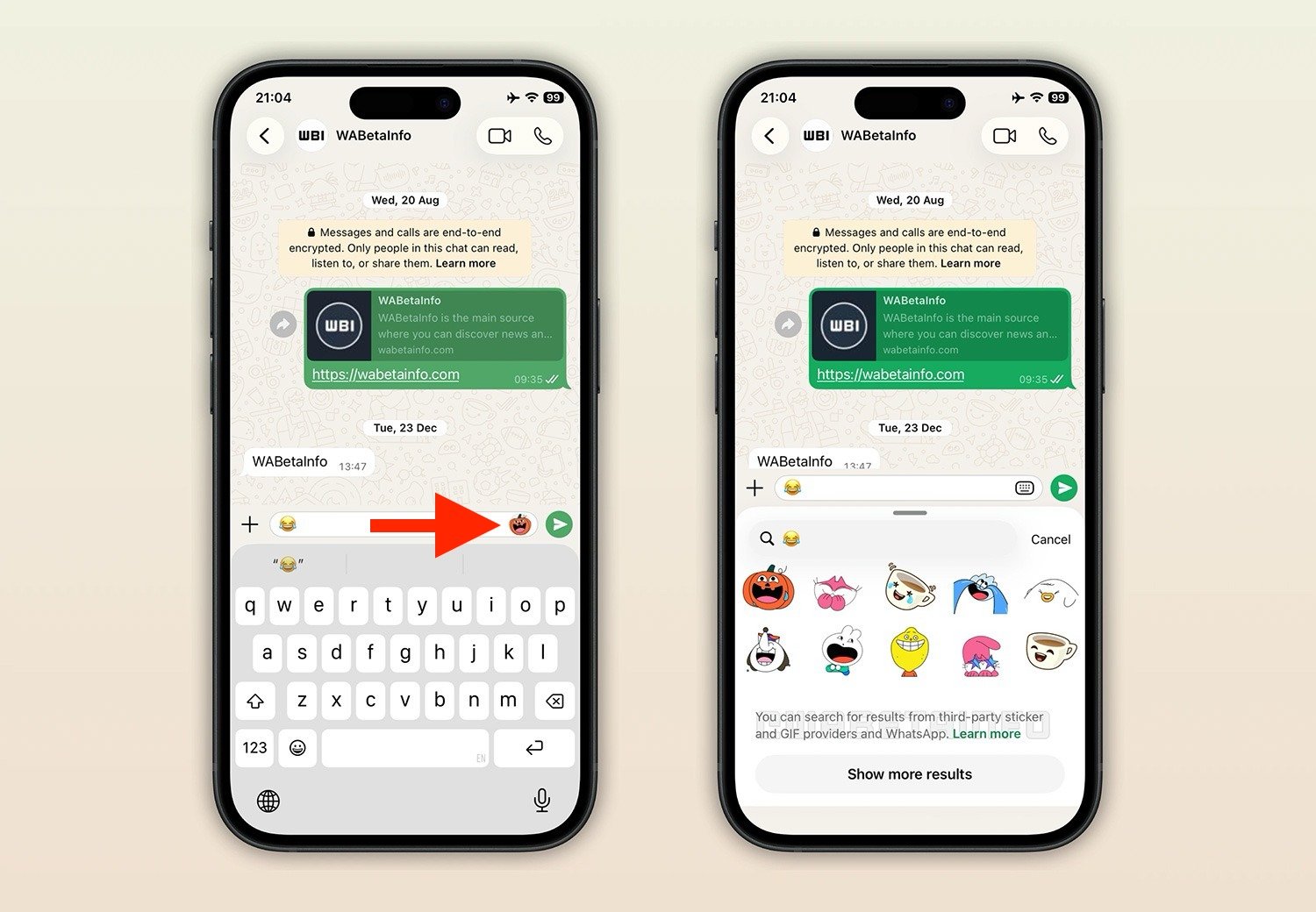 WhatsApp* на iPhone научился подсказывать стикеры по эмодзи. Вот зачем это нужно. Просто нажмите на предложенный стикер и выберите из нескольких вариантов в открывшемся меню. Изображение: 9to5mac.com. Фото.