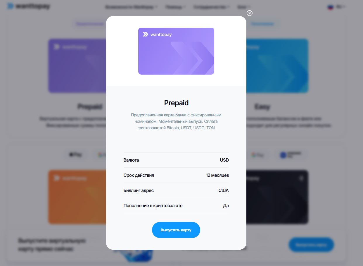 Карта для оплаты зарубежных сервисов. У сервиса WantToPay есть карты для разных целей. В том числе, для оплаты в App Store. Фото.