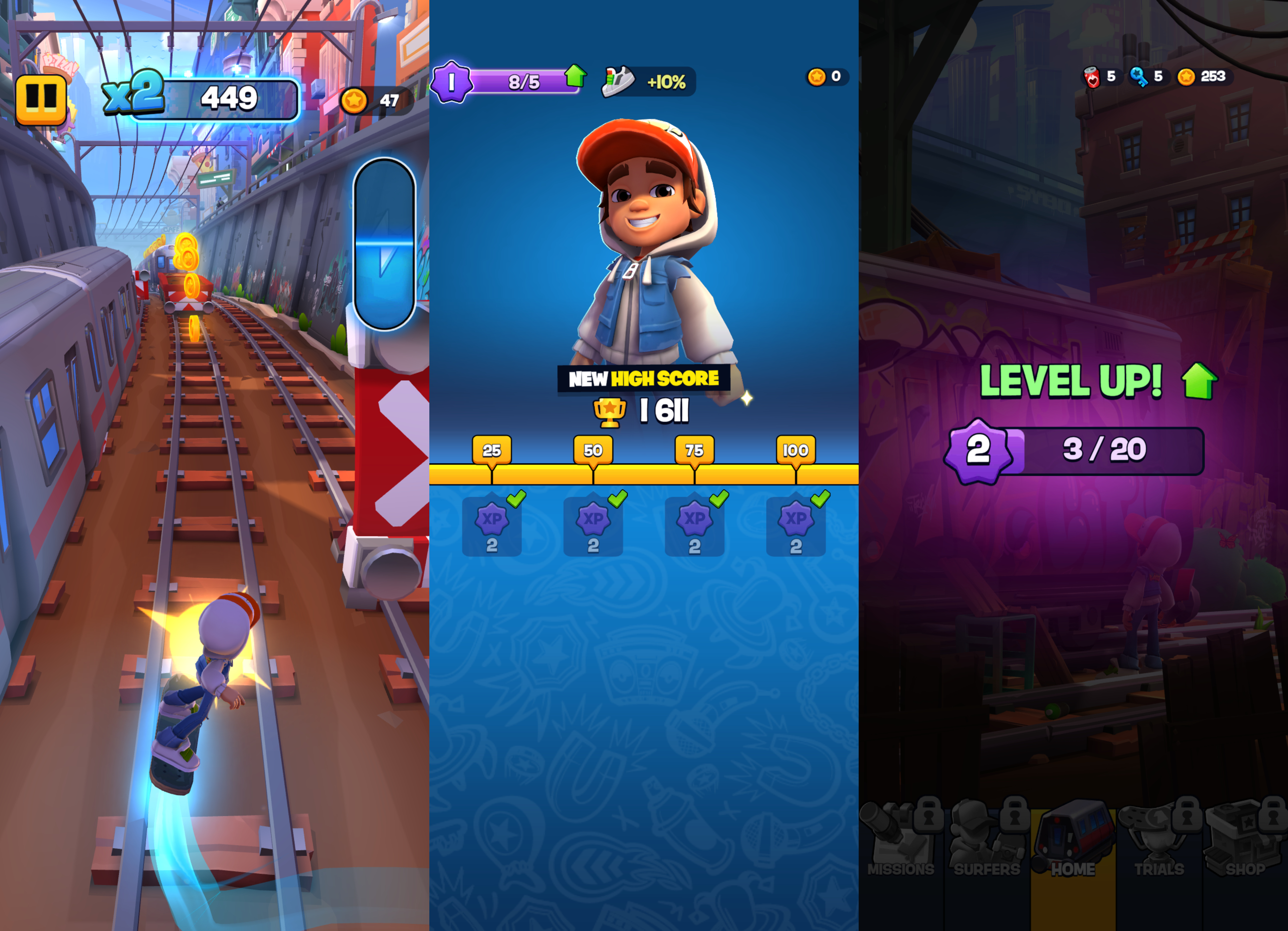 Вышла Subway Surfers 2: как скачать на iPhone и в чем отличия от первой части. В процессе вы набираете очки, прокачиваете уровень и своего персонажа. Фото.