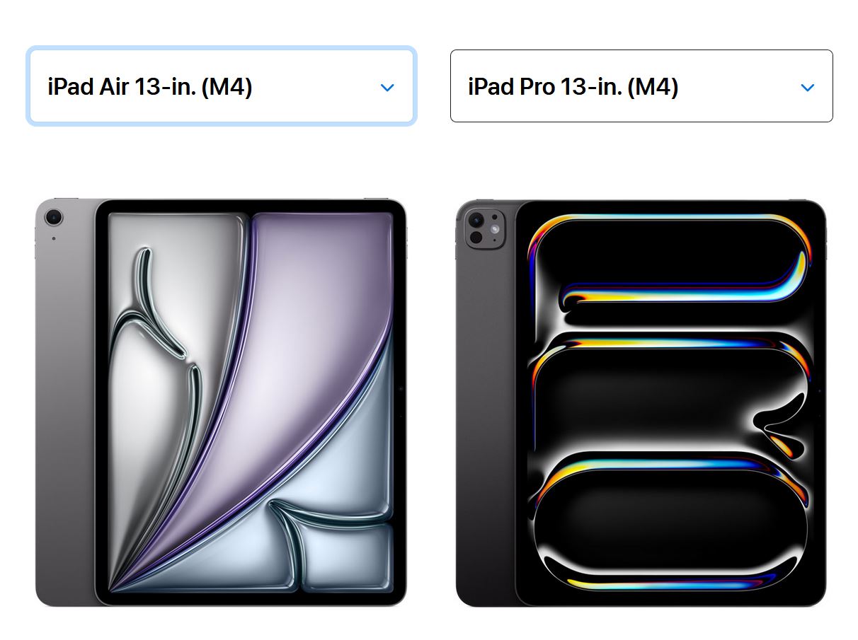 iPad Air M4 или iPad Pro M4 — что выбрать. Слева Air, справа Pro. Угадаете, где какой? Вот и покупатели не всегда могут. iPad Air M4 или iPad Pro M4 — что выбрать. Слева Air, справа Pro. Угадаете, где какой? Вот и покупатели не всегда могут. Фото.