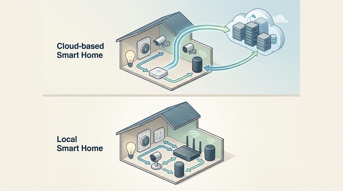 Облачная система зависит от внешнего сервера, локальная обрабатывает всё внутри дома