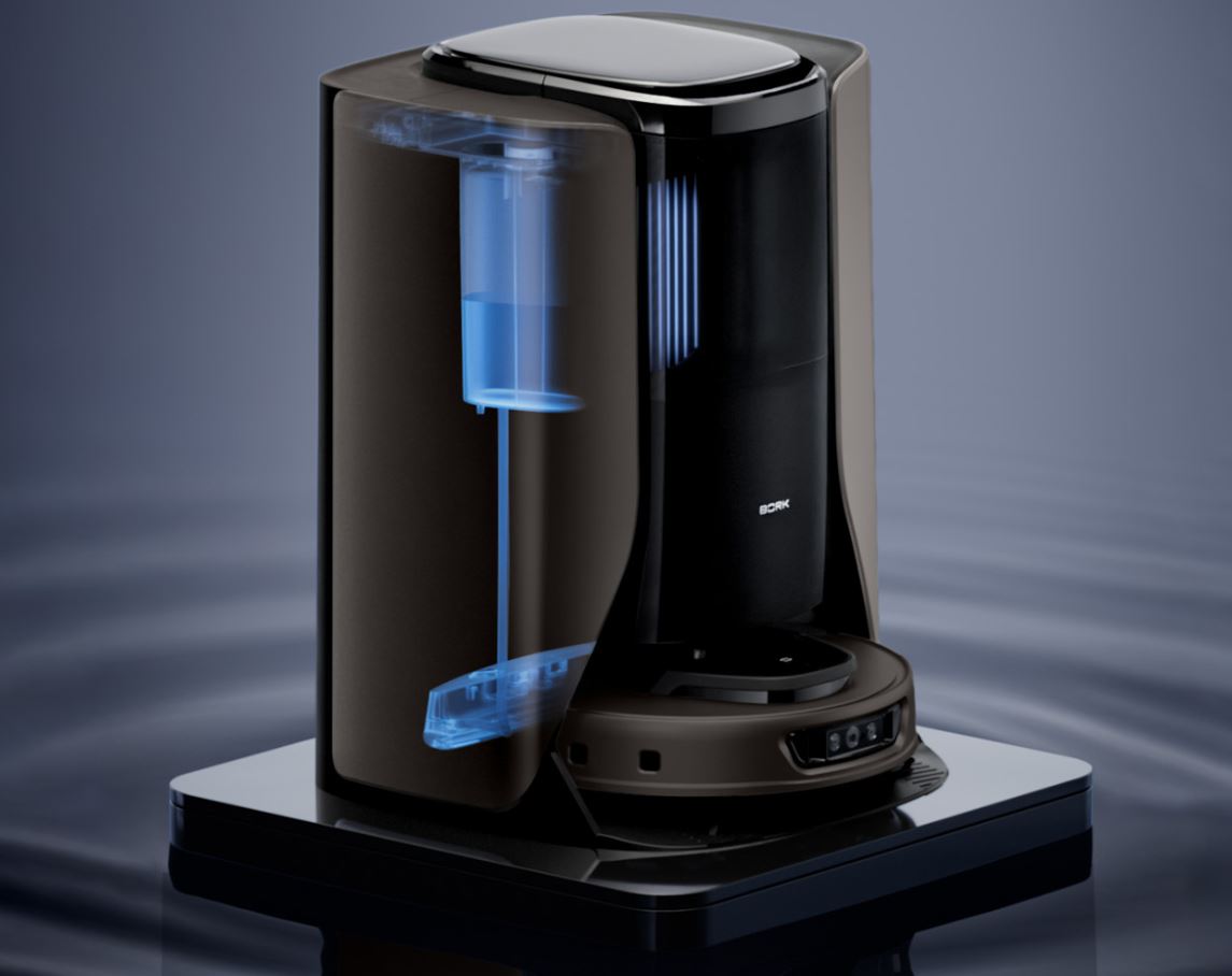 Чем BORK V852 отличается от обычных роботов-пылесосов с влажной уборкой. Станция самоочистки автономна и не требует вашего участия. Фото.