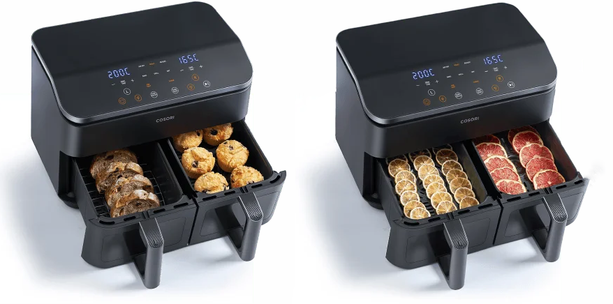 COSORI TF102S с двумя независимыми зонами. При определенной сноровке тут можно сушить фрукты и даже делать выпечку. Изображение: Cosori. Фото.