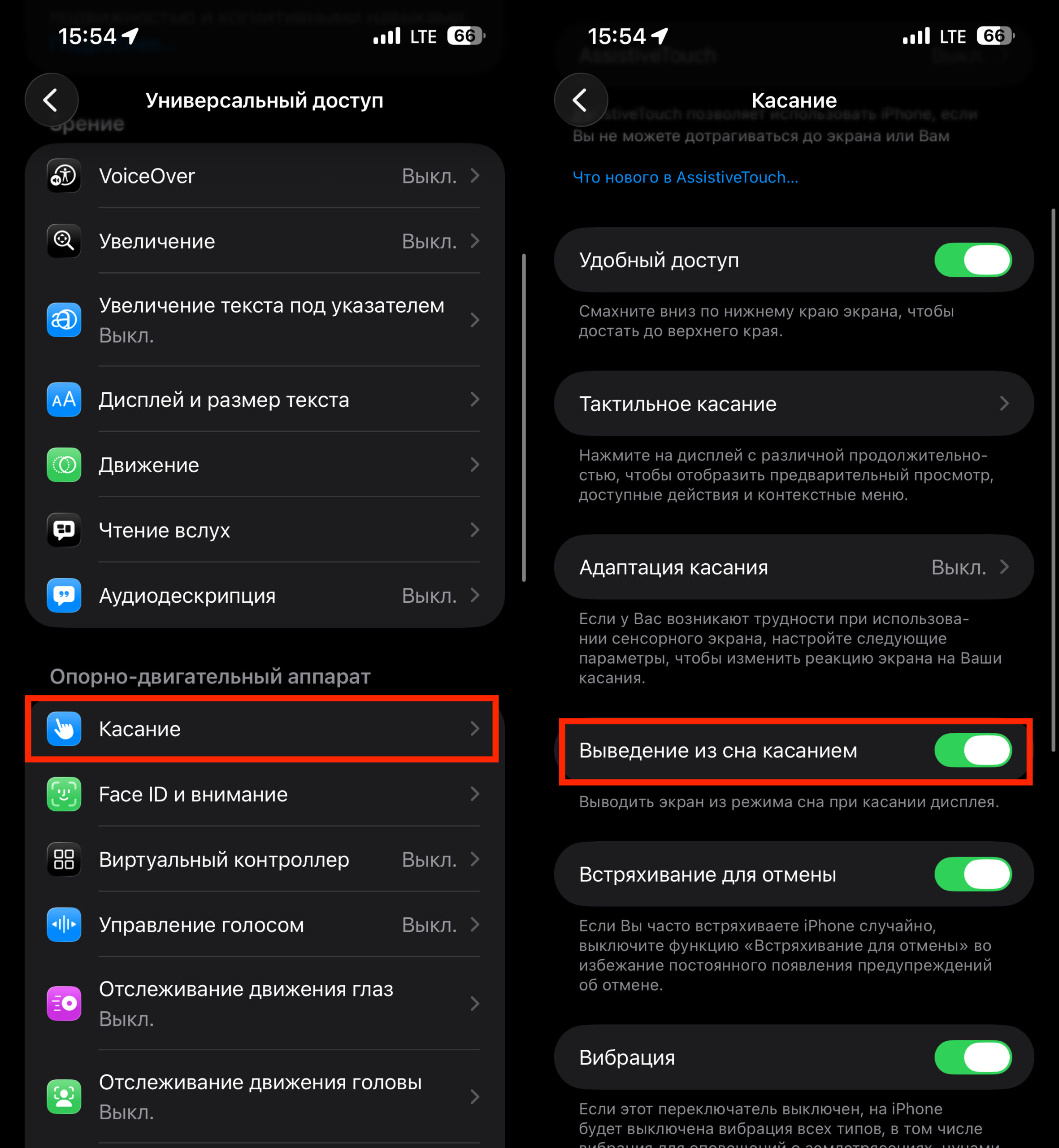 Не работает «Выведение из сна касанием» на iPhone и iPad — почему экран не реагирует на касание. Этот тумблер тоже должен быть активирован. Фото.