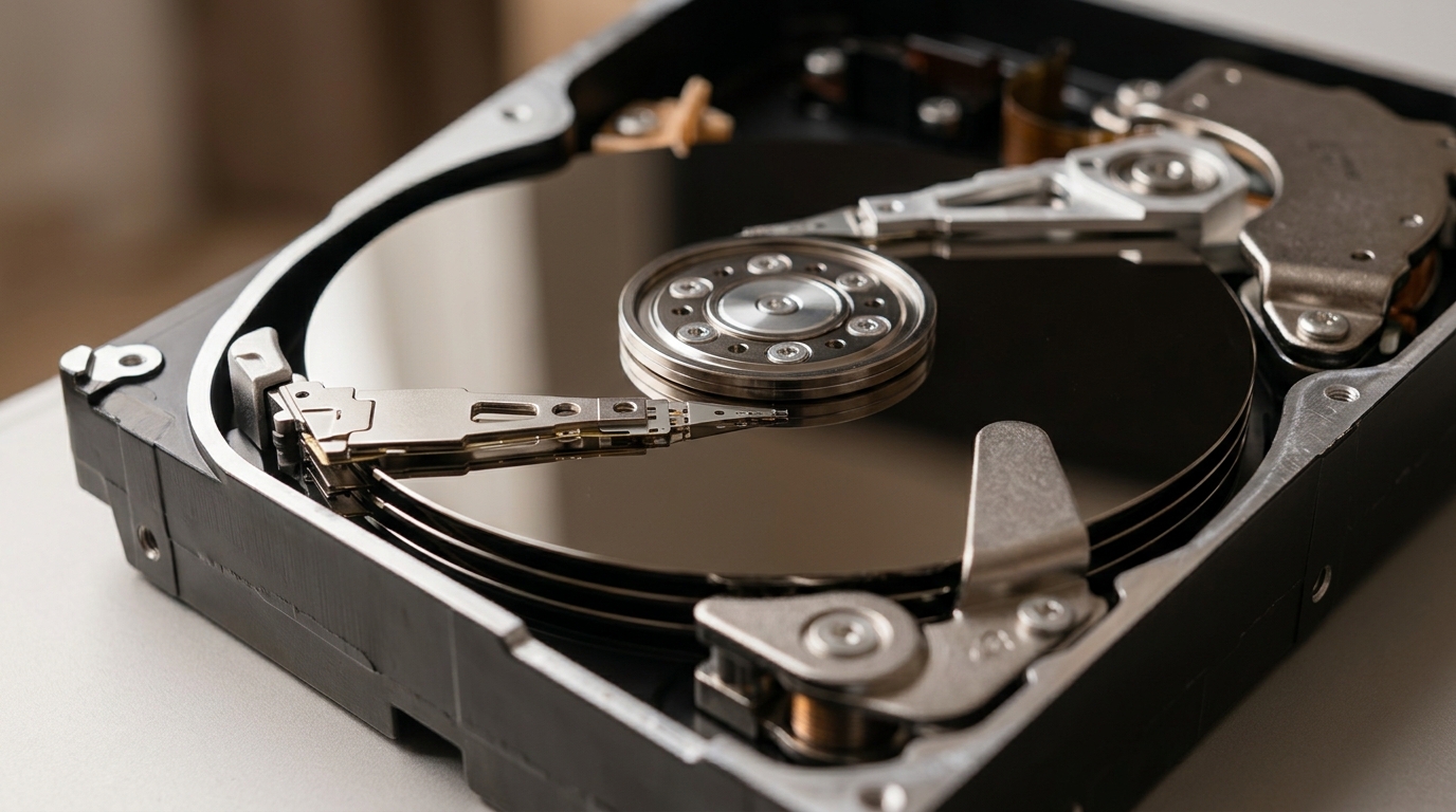 Пластины и считывающая головка внутри жёсткого диска