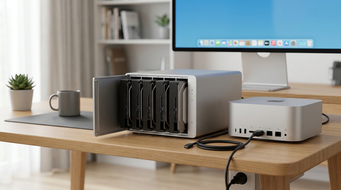 Многодисковый DAS-корпус рядом с Mac Studio