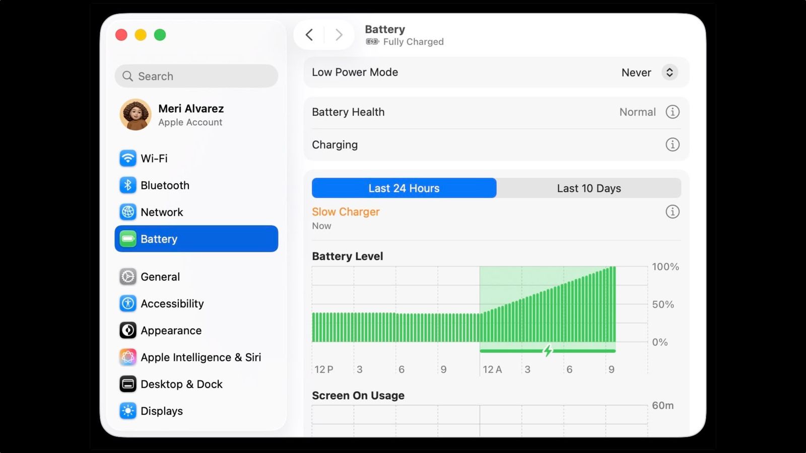 Что значит уведомление «Медленная зарядка» в macOS 26.4. Вот такая небольшая надпись появляется в разделе с аккумулятором. Изображение: macrumors.com. Фото.