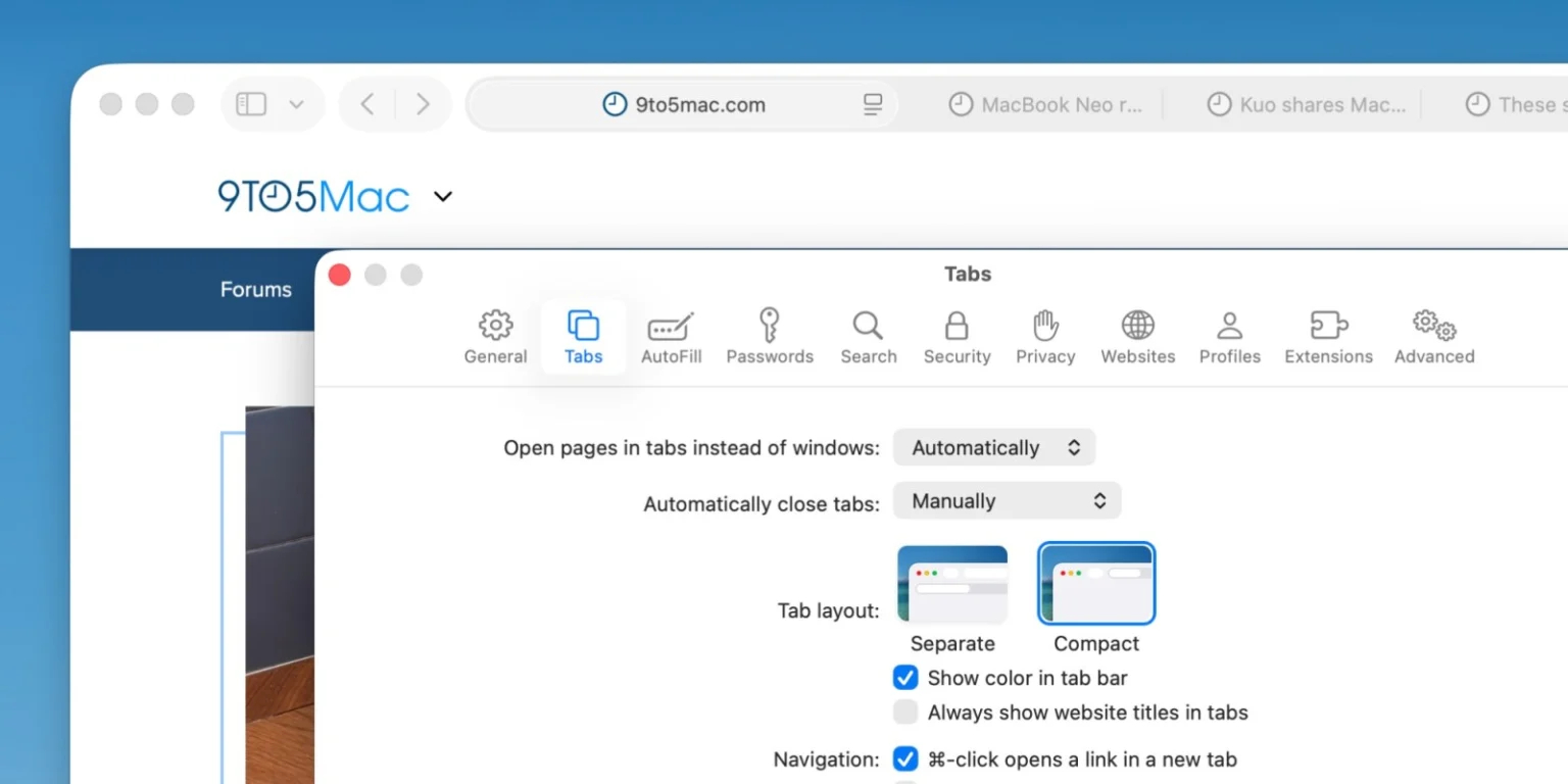 Стоит ли обновляться до macOS 26.4. В Сафари вернули компактные вкладки. Изображение: 9to5mac.com. Фото.