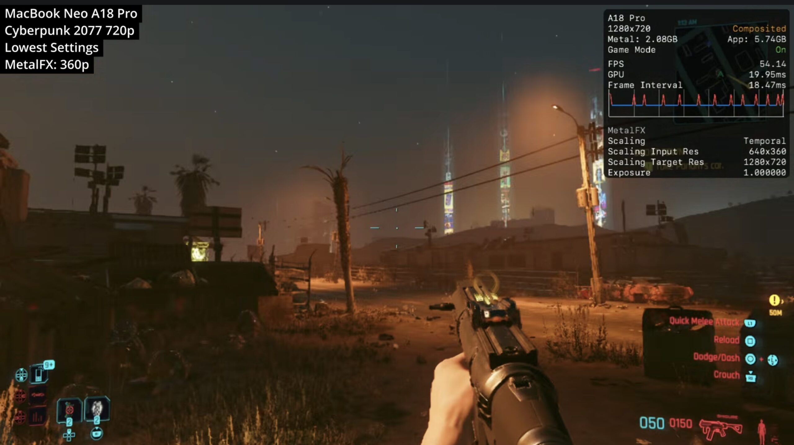 Результаты игрового теста MacBook Neo. Cyberpunk 2077 игрался более-менее нормально, но только в 720p. Изображение: Andrew Tsai. Фото.