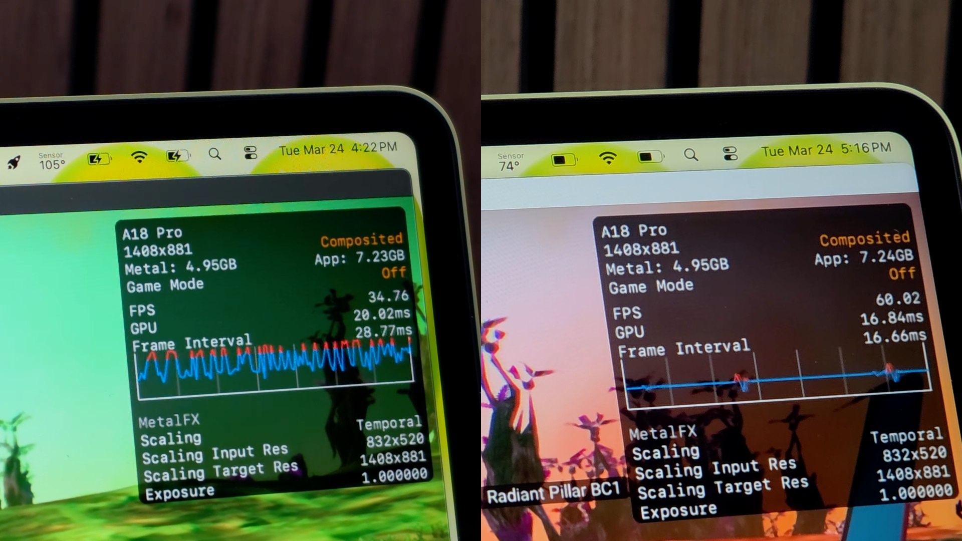 Результаты охлаждения MacBook Neo: температура и тесты. Слева поведение процессора без охлаждения, а справа — с ним. Изображение: ETA PRIME. Фото.